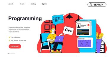 Programming concept for landing page template. Woman writing code and creating mobile app interface. Software development people scene. Vector illustration with flat character design for web banner