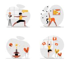 Yoga asanas concept with character set. Collection of scenes people doing yoga practice or stretching, meditation in lotus pose, trainer recording video lesson. Vector illustrations in flat web design