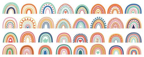 verano arcoiris mega conjunto en plano gráfico diseño. haz elementos de resumen linda arcoiris con adornos en escandinavo y boho garabatear estilo para decoraciones vector ilustración aislado objetos