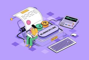 Electronic contract concept in 3d isometric design. Woman makes business deal and signing virtual documents and e-contract at laptop. Vector isometry illustration with people scene for web graphic