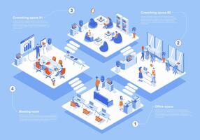 Coworking space concept 3d isometric web scene with infographic. People working in office, tea meeting in room, teamwork and workflow in departments. Vector illustration in isometry graphic design