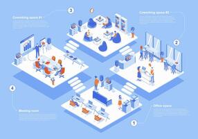 Coworking space concept 3d isometric web scene with infographic. People working in office, tea meeting in room, teamwork and workflow in departments. Vector illustration in isometry graphic design