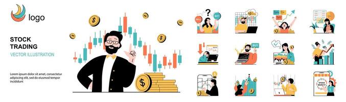 valores comercio concepto con personaje situaciones recopilación. haz de escenas personas haciendo intercambiar mercado tendencias investigación, análisis, invertir, haciendo dinero. vector ilustraciones en plano web diseño