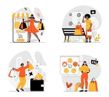 Shopping concept with character set. Collection of scenes people making bargain purchases, ordering new products online and buying in stores on seasonal sales. Vector illustrations in flat web design