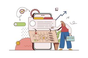 móvil organizador concepto con personaje situación en plano diseño. mujer planificación diario Tareas y flujo de trabajo utilizando calendario y recordatorio en solicitud. vector ilustración con personas escena para web