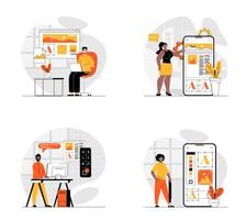 App development concept with character set. Collection of scenes people programming mobile software, interface layouts for application, making digital projects. Vector illustrations in flat web design