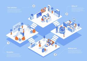 viaje agencia concepto 3d isométrica web escena con infografía. personas a recepción salón y esperando habitación, operadores trabajo y excursión selección en oficina. vector ilustración en isometria gráfico diseño