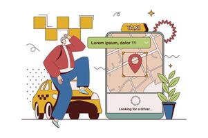 Taxi reserva concepto con personaje situación en plano diseño. hombre ordenando coche transferir y trekking su ruta en en línea mapa en un móvil solicitud. vector ilustración con personas escena para web