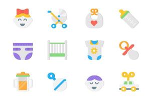 Baby items 3d icons set. Pack flat pictograms of wash in girl, stroller, bib, milk bottle, diaper, crib, bodysuit, pacifier, rattle, boy, toy and other. Vector elements for mobile app and web design