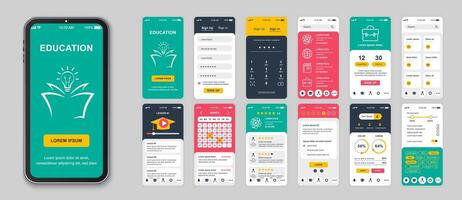 Education mobile app screens set for web templates. Pack of login, different lessons, progress statistics, calendar, schedule, other mockups. UI, UX, GUI user interface kit for layouts. Vector design