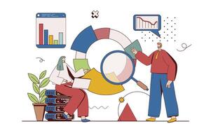 grande datos concepto con personaje situación en plano diseño. hombre y mujer análisis Estadísticas diagrama y investiga dato gráficos, haciendo financiero informe. vector ilustración con personas escena para web