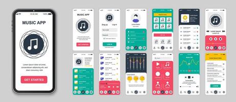 Music mobile app screens set for web templates. Pack of login, songs playlist, audio player, equalizer, settings, streaming and other mockups. UI, UX, GUI user interface kit for layouts. Vector design