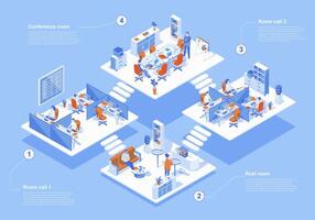 llamada centrar concepto 3d isométrica web escena con infografía. personas trabajando en diferente habitaciones, técnico apoyo operadores llamadas a clientela en oficina. vector ilustración en isometria gráfico diseño