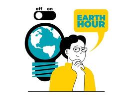 Save Earth concept with character situation. Man joins to campaigning for climate change awareness and turn off electricity for time. Vector illustration with people scene in flat design for web