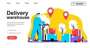 Delivery warehouse concept for landing page template. Man work as loader and carries parcels on trolley. Global logistics people scene. Vector illustration with flat character design for web banner