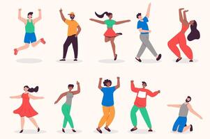 personas bailando conjunto en plano diseño. hombres y mujer danza a música a disco, bailarines a fiesta, actuación y entretenimiento. haz de diverso caracteres. vector ilustración aislado personas para web