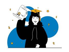 Education concept with character situation. Happy student in graduation gown and cap receiving diploma certificate at festive ceremony. Vector illustrations with people scene in flat design for web