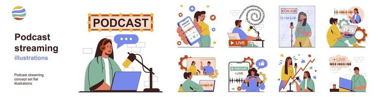 Podcast streaming concept with character situations collection. Bundle of scenes people recording educational and entertainment podcasts or interview in studio. Vector illustrations in flat web design