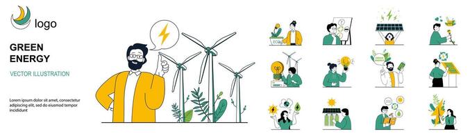 Green energy concept with character situations collection. Bundle of scenes people use alternative energy sources, conserve water and electricity, recycling. Vector illustrations in flat web design