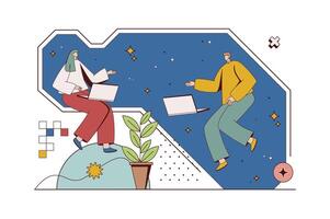 Open space concept with character situation in flat design. Woman and man working on laptops, communicate and doing project tasks in coworking office. Vector illustration with people scene for web