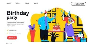 Birthday party concept for landing page template. Man and woman in holiday hats drinking champagne. Festive event with cake people scene. Vector illustration with flat character design for web banner