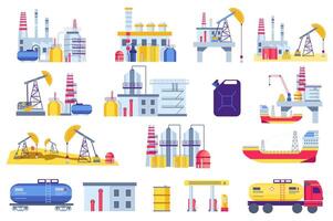 petróleo producción plantas conjunto gráfico elementos en plano diseño. haz de Procesando y producción gasolina y gas maquinaria, perforación industrial zapatillas y refinería. vector ilustración aislado objetos