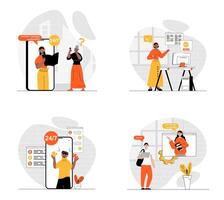 Customer support concept with character set. Collection of scenes people in headset consulting clients and solving tech problems via calls and online chats. Vector illustrations in flat web design