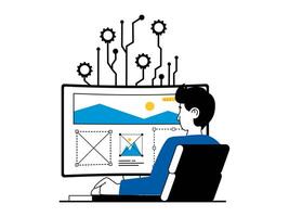 Web development concept with character situation. Man developer working with program languages at computer, coding and creates layouts. Vector illustration with people scene in flat design for web