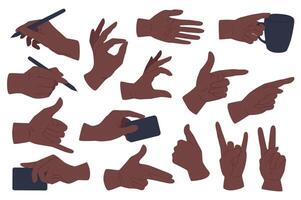 Hands gestures set graphic elements in flat design. Bundle of African American hands writing, holding cup, pointing, showing ok, like, rock, victory and other. Vector illustration isolated objects