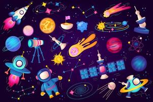 Cosmos set graphic elements in flat design. Bundle of cute astronaut, spaceships, planets, comets, stars, satellites, asteroids and other flying celestial bodies. Vector illustration isolated objects