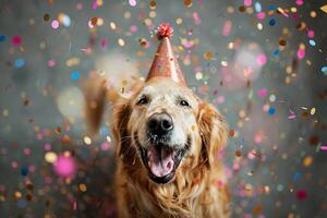 AI generated An excited golden retriever dog with a party hat in a shower of colorful confetti photo