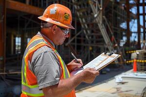 AI generated A Construction worker in reflective vest and hardhat writing on a clipboard at a construction site. photo