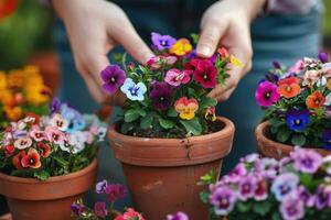 ai generado un manos cuidadosamente plantando vibrante flores en terracota ollas foto