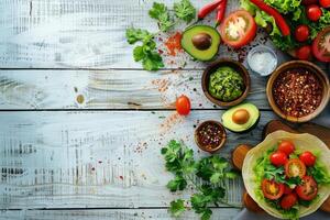 AI generated A vibrant spread of fresh ingredients for making tacos including lettuce photo