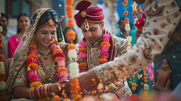 ai generado un indio novia y novio en tradicional Boda atuendo intercambiando guirnaldas durante un ritual en su matrimonio ceremonia. foto