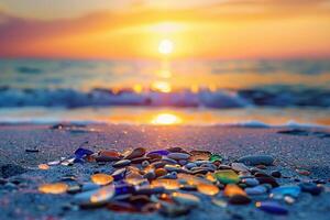 AI generated A Multicolored sea glass pebbles scattered on sandy beach with sunset in the background. photo