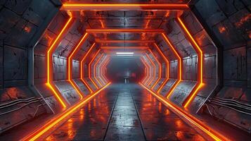 AI generated A conceptual corridor representing data stream with glowing orange cracks running along the futuristic structures surface photo