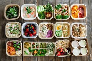 AI generated A Variety of healthy meals packed in takeout boxes arranged on a wooden table photo