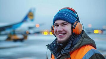 AI generated A smiling airport ground crew member with protective earmuffs stands on the tarmac with airplanes in the background. photo