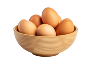 AI generated Wooden Bowl Filled With Brown Eggs. A close-up view of a wooden bowl filled with fresh brown eggs. The eggs are neatly arranged in the bowl, showcasing their natural colors and textures. png