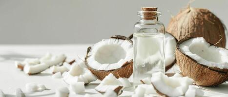 AI generated A bottle of clear coconut oil and halved coconuts against a white background photo