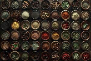 AI generated An extensive collection of spices and herbs displayed in bowls on a dark wooden surface photo