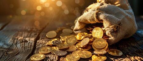 AI generated A Burlap sacks overflowing with shiny gold coins on a wooden table. photo