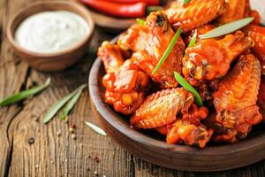 AI generated A close-up of spicy buffalo chicken wings served on a rustic wooden table photo