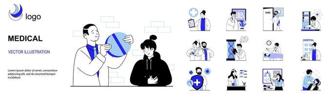 médico concepto con personaje situaciones recopilación. haz de escenas personas recibir medicación tratamiento, visitar doctor, vacunación, diagnósticos en clínica. vector ilustraciones en plano web diseño