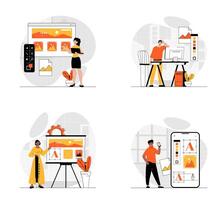 Web development concept with character set. Collection of scenes people prototyping and coding web page layouts or mobile app interface, places graphic content. Vector illustrations in flat web design