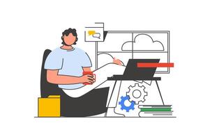 Lanza libre trabajo contorno web concepto con personaje escena. hombre haciendo Tareas a ordenador portátil y conectando en línea. personas situación en plano línea diseño. vector ilustración para social medios de comunicación márketing material.