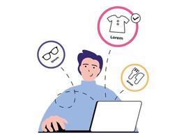 Shopping concept with character situation. Man chooses goods and makes purchases in online store, orders delivery and pays from laptop. Vector illustration with people scene in flat design for web