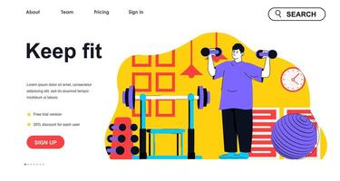 Keep fit concept for landing page template. Man exercising with dumbbells, doing workouts in gym. Healthy sportive lifestyle people scene. Vector illustration with flat character design for web banner