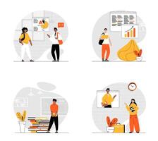 Education and learning concept with character set. Collection of scenes people studying at lessons and webinars, discussing report presentation, reading books. Vector illustrations in flat web design